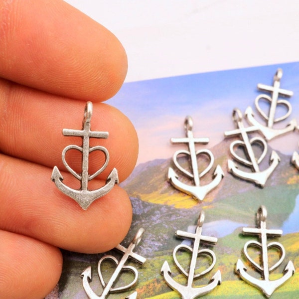 Antique Silver Ton Faith Hope Love Symbol Charm, Tiny Earring Charms, Anchor Cross Pendant, Dainty Minimalist Jewelry, 10 Pcs, ZU845 AS