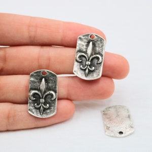 4 Antique Silver Fleur De Lis Charms: Floral Rectangle Pendants