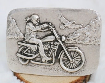 Motorcycle Belt Buckle: Antique Silver Zamak Biker Buckle
