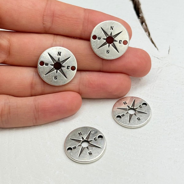 Silver Compass Connector, Antique Silver Tone Nautical Charms, Round Connector Charm, Jewelry Connector Maritime, Jewelry Making, ZU765 AS