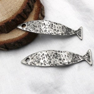 Antique Tin Fish Charms: Large Zamak Pendants, Jewelry Making (5 Pcs)
