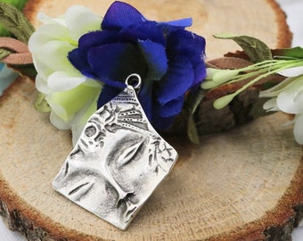Antique Silver Face Charm: Archaeological Pendant, Jewelry Findings (6 Pcs)