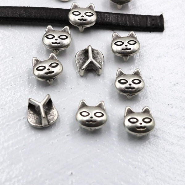 10 Cat Spacers Beads, Cat Head Beads, Animal Kitty Charms Beads Antique Silver for Bracelet Jewelry Making, Silver Bracelet Charm, ZU330 As