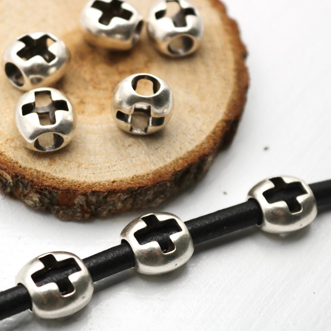 10 Large Hole Cross Beads, Cross Spacer Beads, Antique Silver Ton Beads