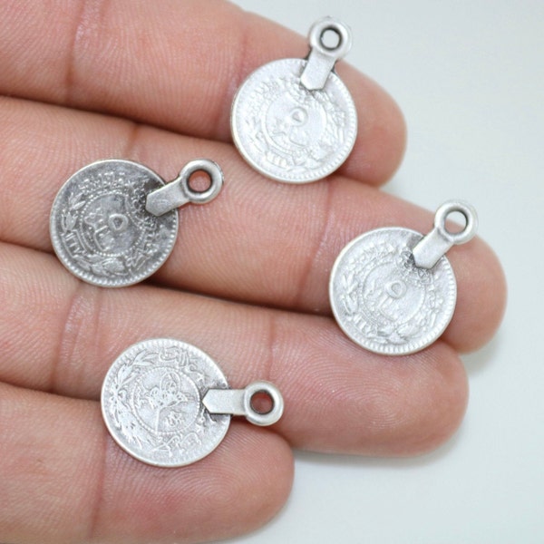 20 round ottoman charms, Antique Silver Ton, jewelry making charms, coin pendants, silver Coin charms, Osmanisch coin charms