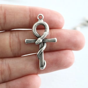 5 Antique Silver Ankh Cross Snake Charms: Egyptian Pendants (36mm)