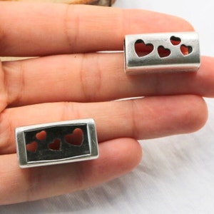Heart Bracelet Beads, Big Hole Metal Beads, Charm For Licorice Leather Cord, Flat Leather for Jewelry, Leather Components, 5 pcs, ZU109 AS