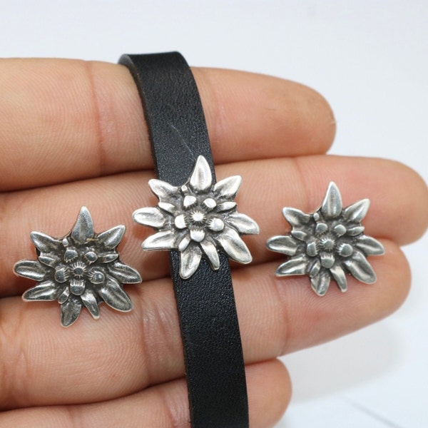 10 Pcs Edelweiss Slider Beads, jewelry making, flower bracelet charms, zamak charms, dainty slider, sliding beads, textile, ZU616 AS