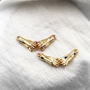 Gold Holding Hands Connector Charm: Brass Friendship Pendant (13x33mm)
