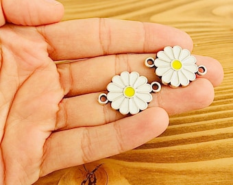 5 Enamel Daisy Charms: Antique Silver Flower Connector, Jewelry Making