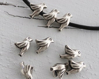Antique Silver Bird Beads, Nature Jewelry Making, 10 pcs
