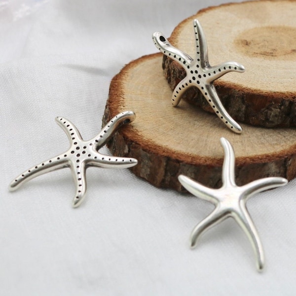 Starfish Sea Star Pendant, Sea Animals, Hammered Pendant, Large Starfish, Star Fish Bead Charm, Beach Nautical Jewelry Charm, 5 Pcs, ZU541