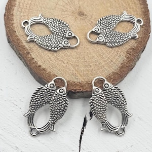 Antique Silver Double Fish Charms: Marine Life Pendants, Jewelry Making (10 Pcs)