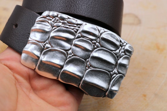 Antique Silver Alligator Skin Belt Buckle: 40mm Zamak Rectangle
