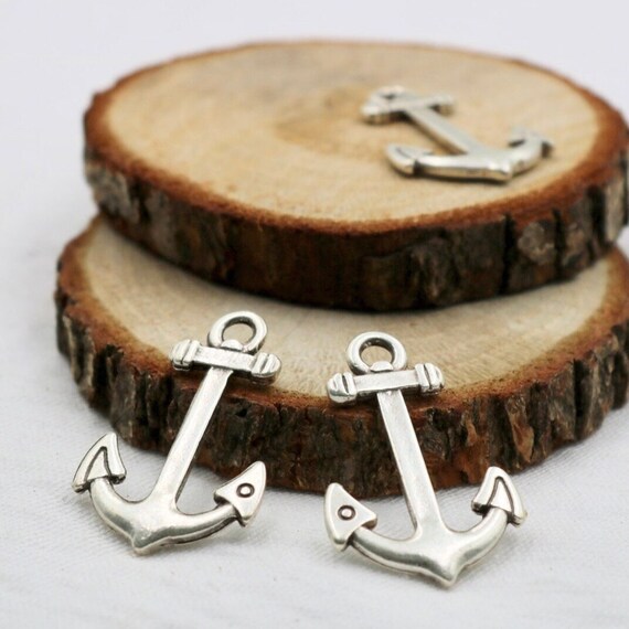 10 Antique Silver Anchor Pendants: Nautical Charms (32.5mm)