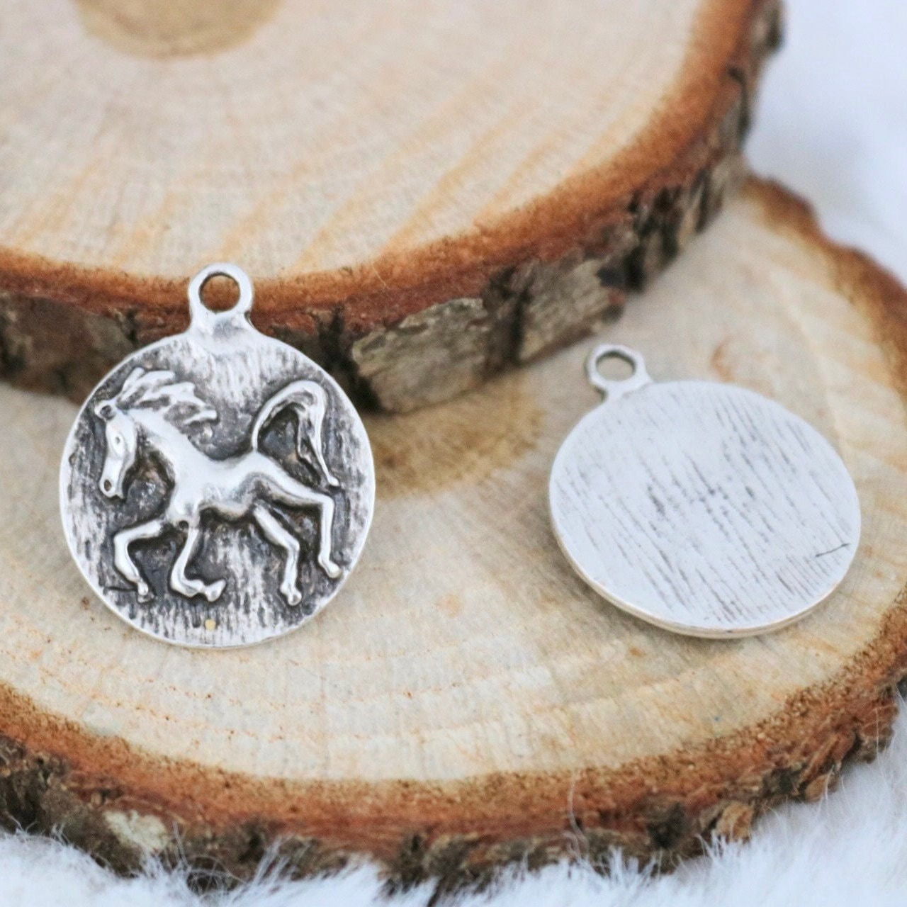 Antique Silver Horse Charms: Pewter Medallion Pendants (10 Pcs)
