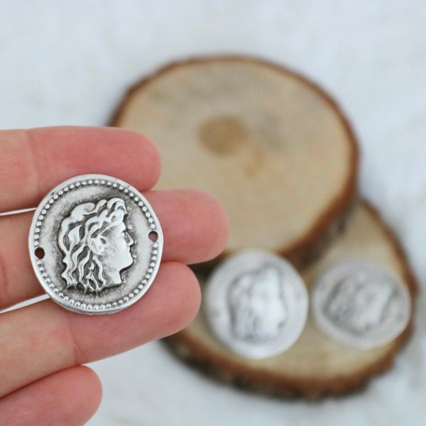 Large Coin Charms, Antique Silver Charms Connector, Roman Coin Charms, Flat Round Coin Connector, Bracelet Component, Gift, 5 Pcs, ZU484 AS