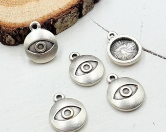 Antique Silver Protection Charms – Evil Eye Pendants – Jewelry Findings for Crafting, 10 Pcs