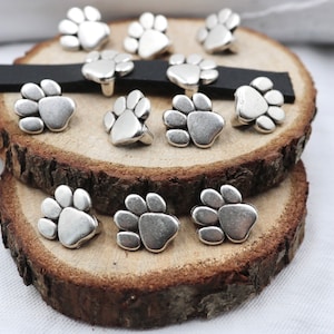 10 Silver Paw Print Slider Beads, Flat Cord Bracelet Spacer, Dog Paw Charm, Tiny Paw Sliders, Animal Beads, Antique Silver Tone Charm, ZU931