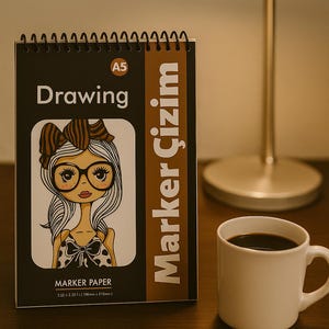 May include: A5 drawing pad with a spiral binding, featuring a cartoon girl with glasses. The pad is labeled "Drawing" and "Marker Paper". A white mug of coffee sits beside it, with a lamp in the background.