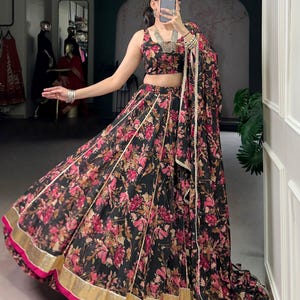 Floral Chiffon Garba Chaniya Choli: Indian Festival Ghaghara with Dupatta