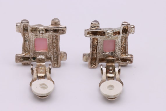 Vintage Silver Tone and Pink Square Clip On Stud … - image 4
