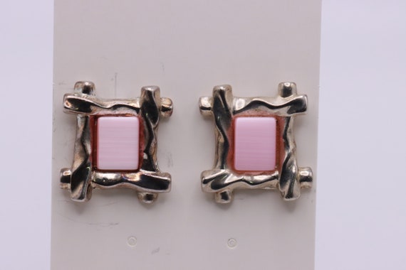 Vintage Silver Tone and Pink Square Clip On Stud … - image 1