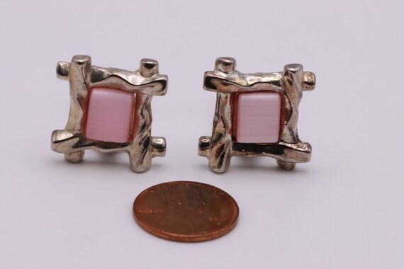 Vintage Silver Tone and Pink Square Clip On Stud … - image 3