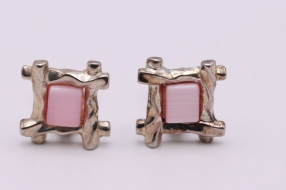 Vintage Silver Tone and Pink Square Clip On Stud … - image 2