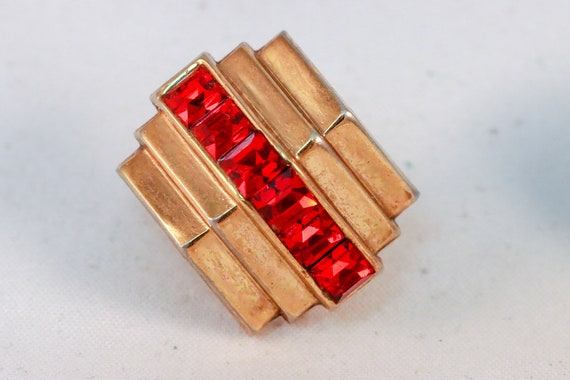 Vintage Coro Signed Goldtone Art Deco Red Crystal… - image 3