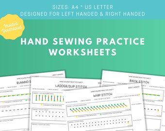 Hand Sewing Practice Worksheets - Beginners Sewing Printable Workbook Exercises -  Stitching Instruction Guide