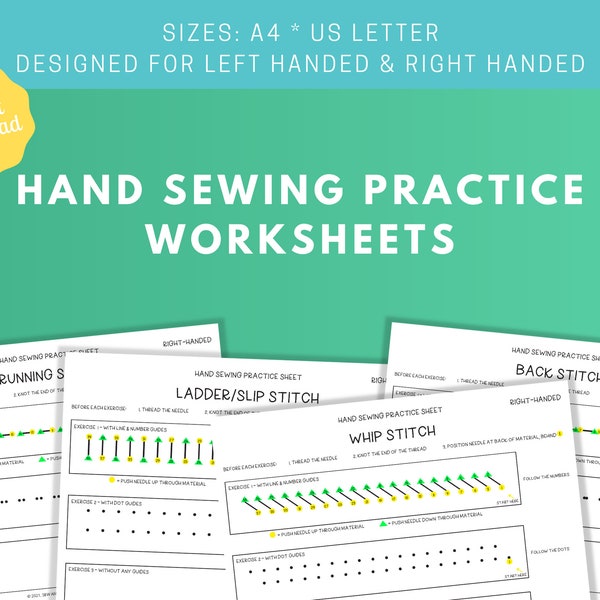 Hand Sewing Practice Worksheets - Beginners Sewing Printable Workbook Exercises -  Stitching Instruction Guide