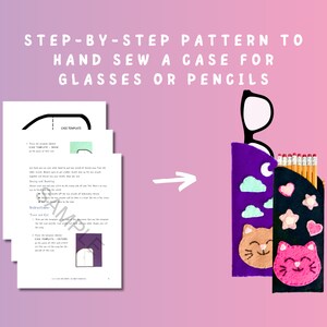 Op de afbeelding: Een stapsgewijze handleiding om met de hand een etui voor brillen of potloden te naaien. Het patroon bevat instructies en sjablonen voor het maken van een etui met een kattenontwerp. Het etui is gemaakt van vilt en heeft een paars en zwart kleurenschema.