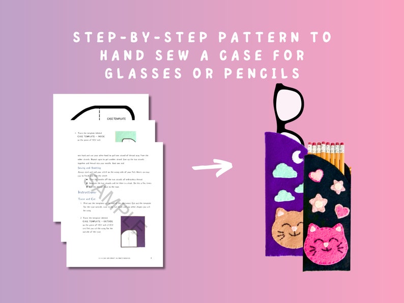 Op de afbeelding: Een stapsgewijze handleiding om met de hand een etui voor brillen of potloden te naaien. Het patroon bevat instructies en sjablonen voor het maken van een etui met een kattenontwerp. Het etui is gemaakt van vilt en heeft een paars en zwart kleurenschema.