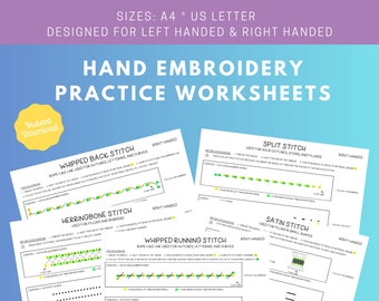 Beginner Hand Embroidery Tutorial -  Basic Needlework Instruction Worksheets - Stitching Practice Template Printable