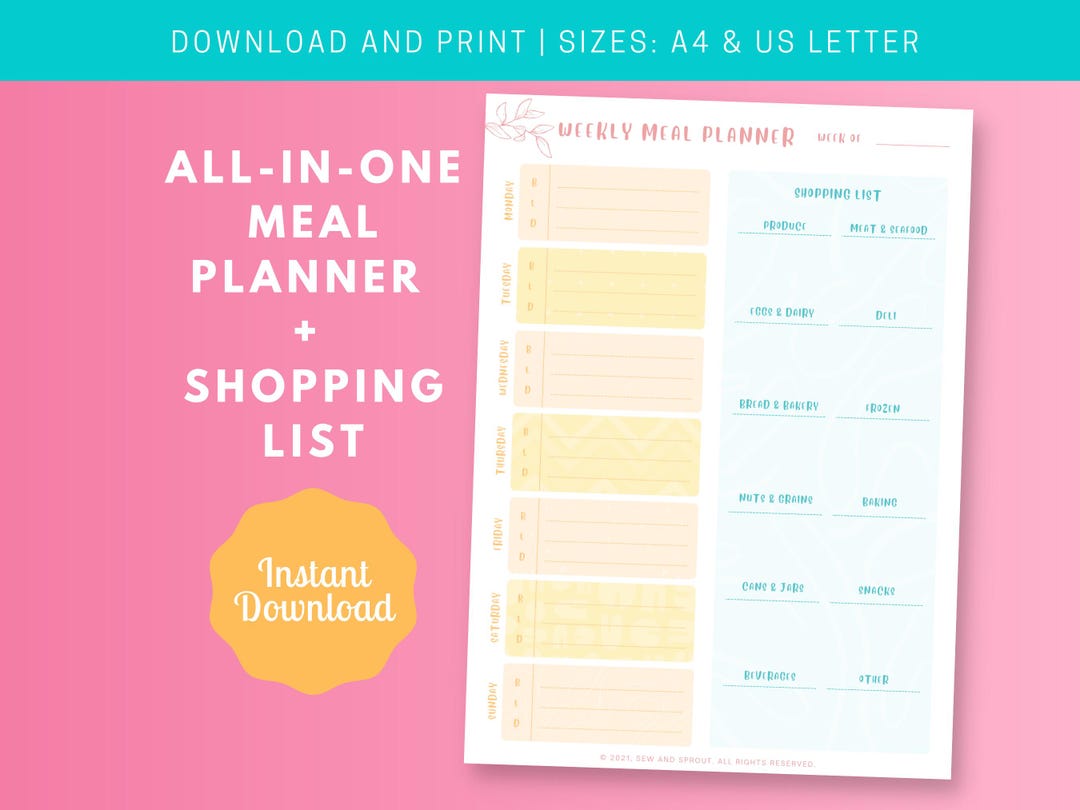 Weekly Meal Planner Printable - Family Meal Prep, Grocery List (digital ...