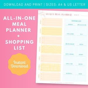 May include: A printable weekly meal planner and shopping list. The design features a white background with a teal header and text. The planner includes sections for each day of the week and a shopping list. The words "All-in-One Meal Planner + Shopping List" are displayed.