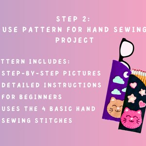 Op de afbeelding: Een naai-patroon voor een handgenaaid brilletje of potlood etui. Het patroon bevat stap-voor-stap afbeeldingen en gedetailleerde instructies voor beginners. Het gebruikt de 4 basis handnaai-steken. De afbeelding toont twee voltooide etuis, een paarse met wolken en een kat, en een zwarte met sterren en een kat.