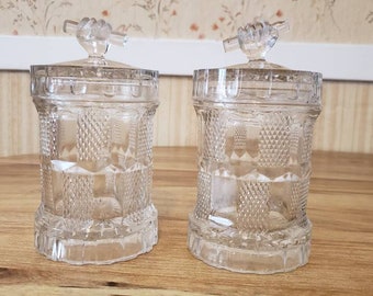 Crystal condiment or jam jars with unique fist and scroll design