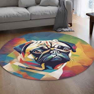 Colorful Pug Round Door Mat, Soft Fannel Pug Rug for Entryway, Porch or Bedroom | 80cm / 100cm Round Fannel Door Mat, Abstract Pug floor mat