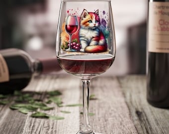 Kattenwijnglas, 12oz - schattige kat en wijndrinkgerei, leuk kattenliefhebber cadeau, wijnliefhebber cadeau, glas kat thema, cadeau kat moeder, cadeau kat, kitty wijnglas