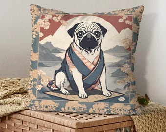 Traditional Ukiyo-e Pug Pillow, Japanese Art Inspired Pug Cushion, Kimono Pug Zen Decor, Vintage Oriental Pillow, Whimsical Pug Lover Gift