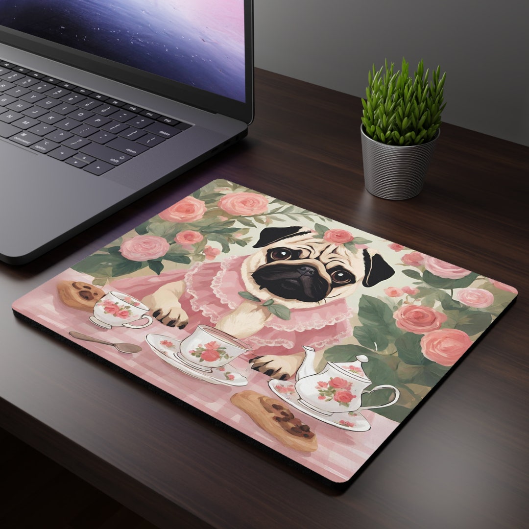 Cottage Core Computer Mouse Cottagecore Aesthetic Pug Mouse Pad, Cute Floral Mops Desk Mat, Pug Tea ...
