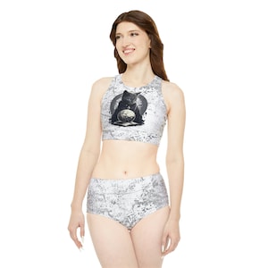 Cosmic Cat Sporty Bikini Set, fantasy celestial swimwear, yule cat swimsuit, witchy gothic cat, Mystical Astral swimwear, athletic bikini