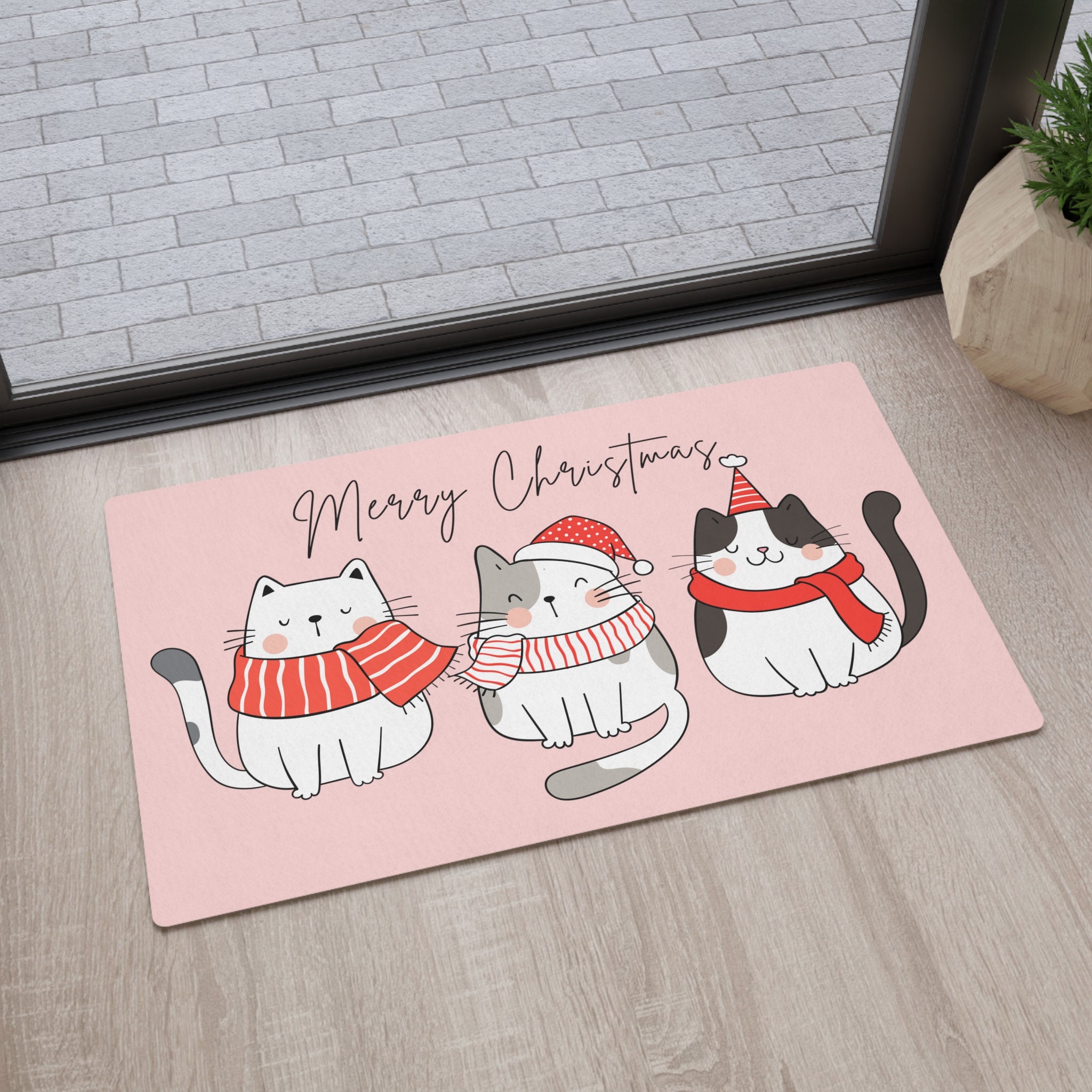 Kawaii Cats Merry Christmas Floor Mat, Cute Cats Xmas Flooring Mat