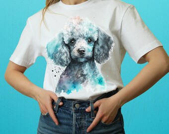 May include: A white t-shirt with a watercolor illustration of a gray poodle with blue and purple accents.