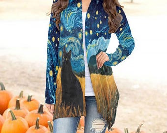 Starry Night Black Cat Cardigan for Women | Van Gogh Art Shawl Collar Cardigan | Celestial Cat Open Front Sweater | Cat Artistic Cardigan