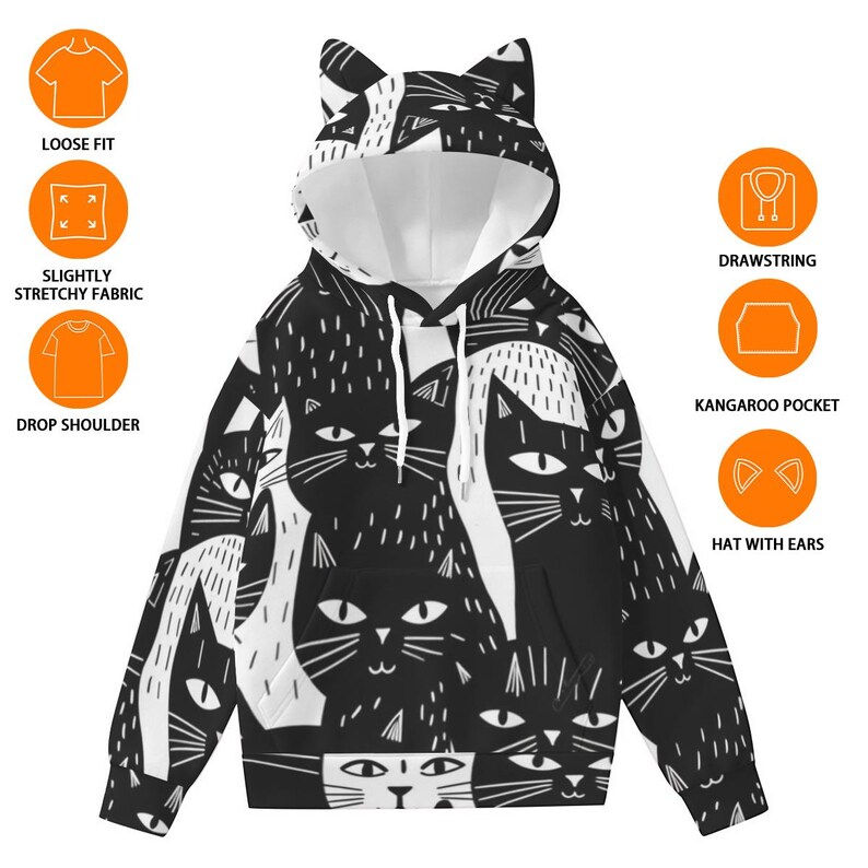 Kawaii Cat Hoodie with Ears, Women’s Cute Kawaii Cat Ear Sweatshirt, Cute Cat Lover Gift, funny cat hooded sweatshirt, fun cat lover apparel image 4
