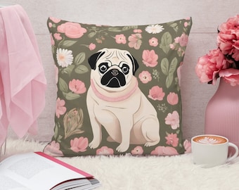Cojín floral de pug, cojín de trapeadores, decoración del hogar con estética cottagecore, cojín botánico, cojín decorativo, cojín con estampado de pug y flores