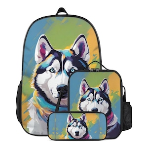 Ensemble sac à dos Husky vibrant, cartable Husky fantaisiste, sac à lunch isolé Husky et trousse Husky, accessoires Husky, ensemble scolaire, ensemble étudiant